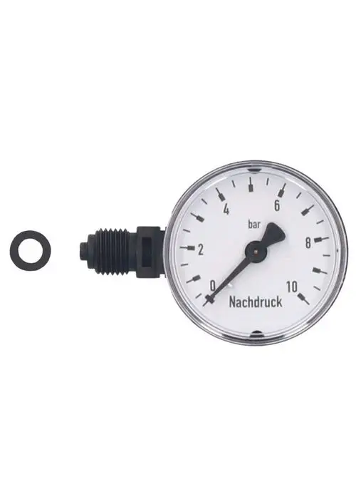 Manometer mit einem skalierten Bereich von 0 bis 10 bar und Anschlussgewinde. Hersteller JUDO. Enthält eine Dichtung. Zeiger zeigt aktuell auf Null.